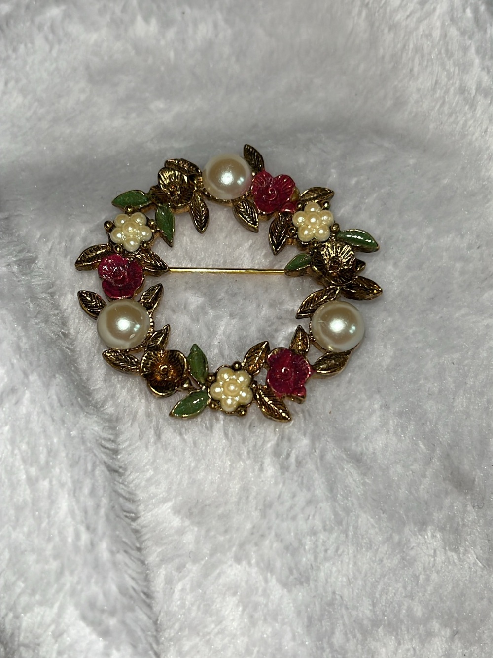 Gold Floral Pearl Wreath Brooch with Pink Accents